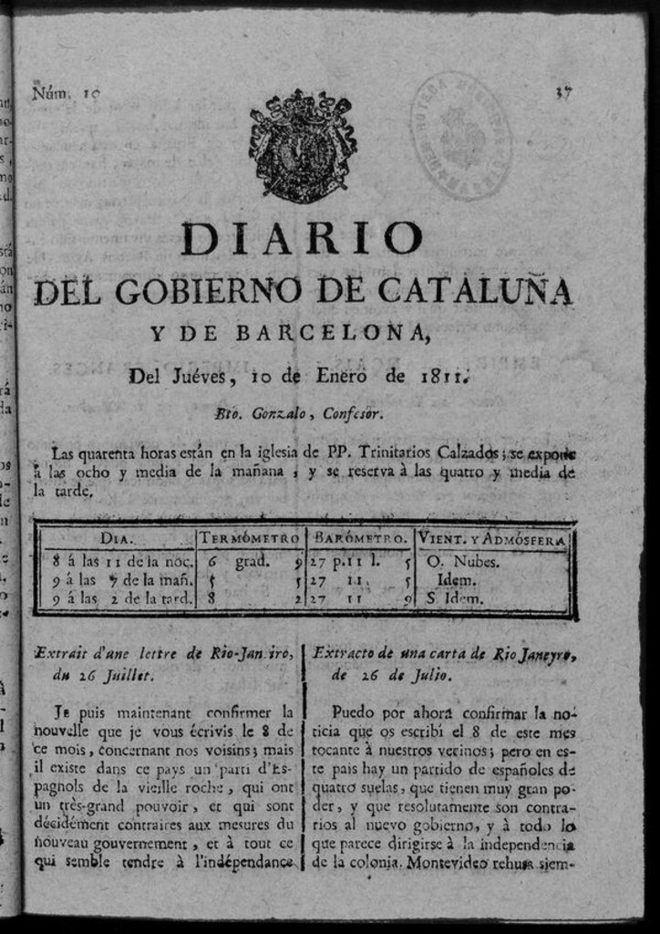 Miniatura de Diario de Barcelona del jueves 10 de enero de 1811