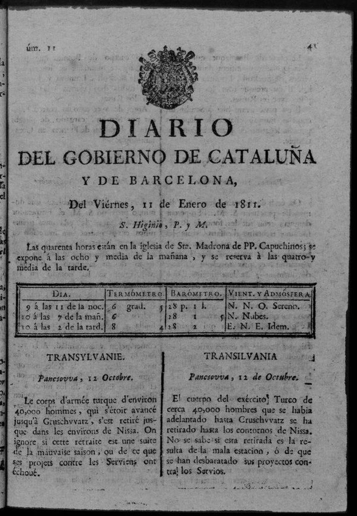 Miniatura de Diario de Barcelona del viernes 11 de enero de 1811