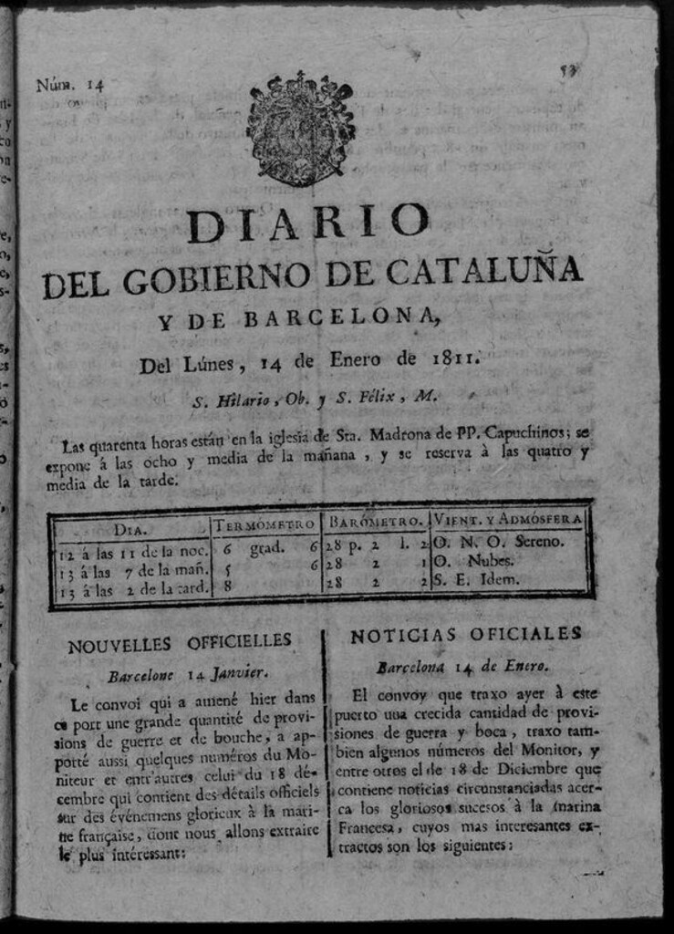 Miniatura de Diario de Barcelona del lunes 14 de enero de 1811