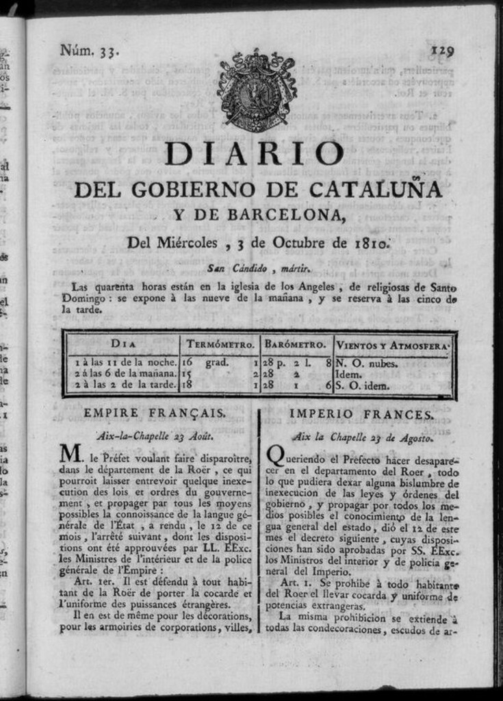 Miniatura de Diario de Barcelona del miércoles 3 de octubre de 1810