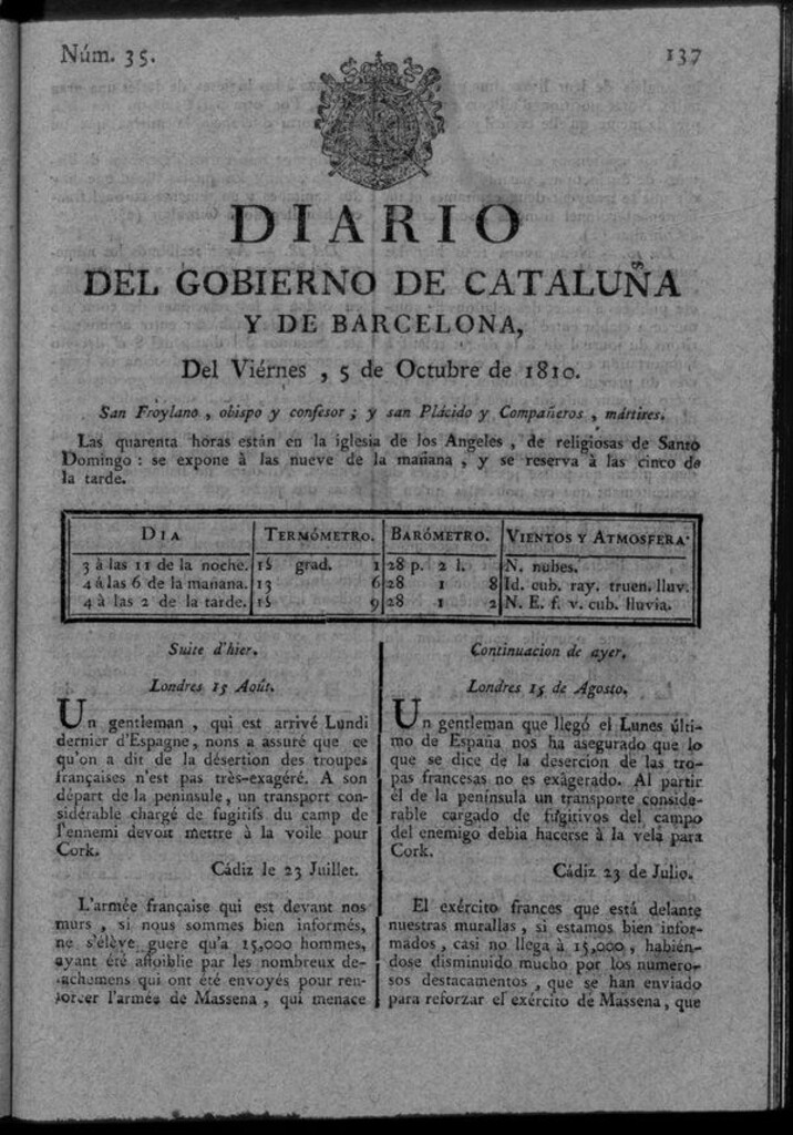 Miniatura de Diario de Barcelona del viernes 5 de octubre de 1810