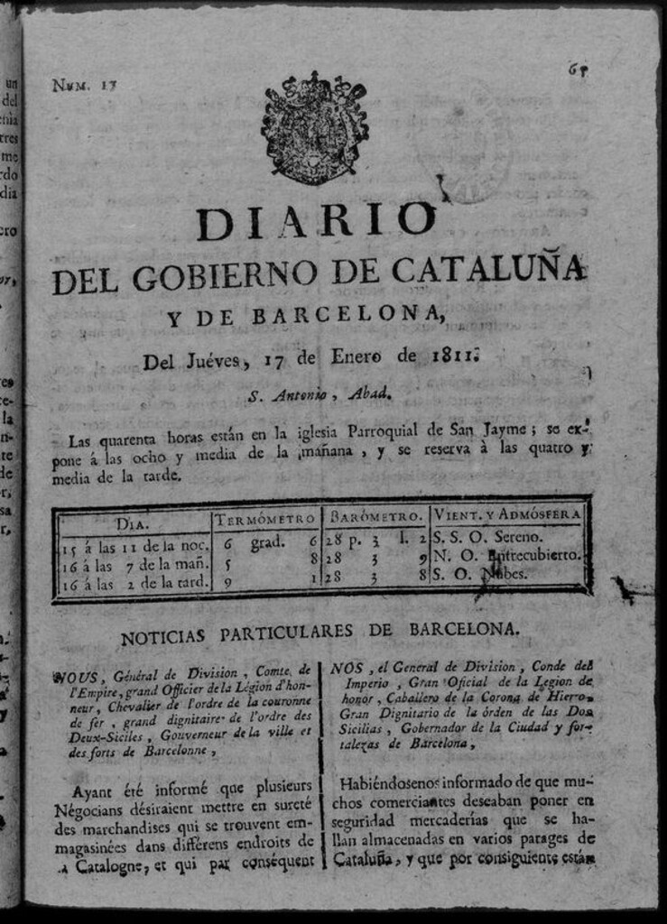 Miniatura de Diario de Barcelona del jueves 17 de enero de 1811
