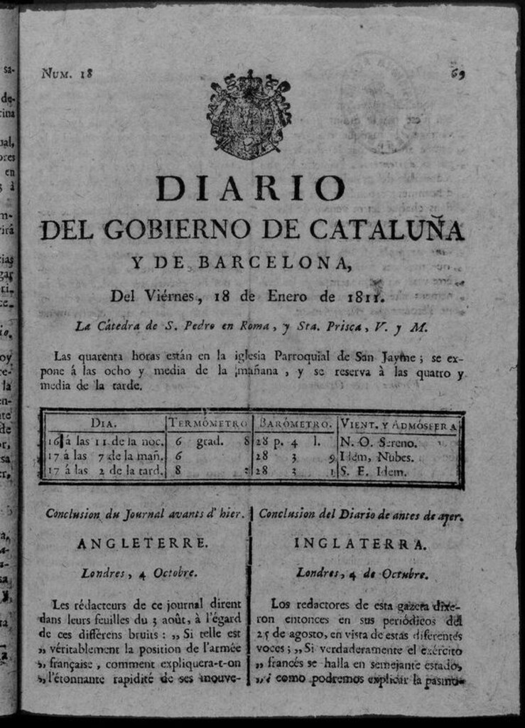 Miniatura de Diario de Barcelona del viernes 18 de enero de 1811