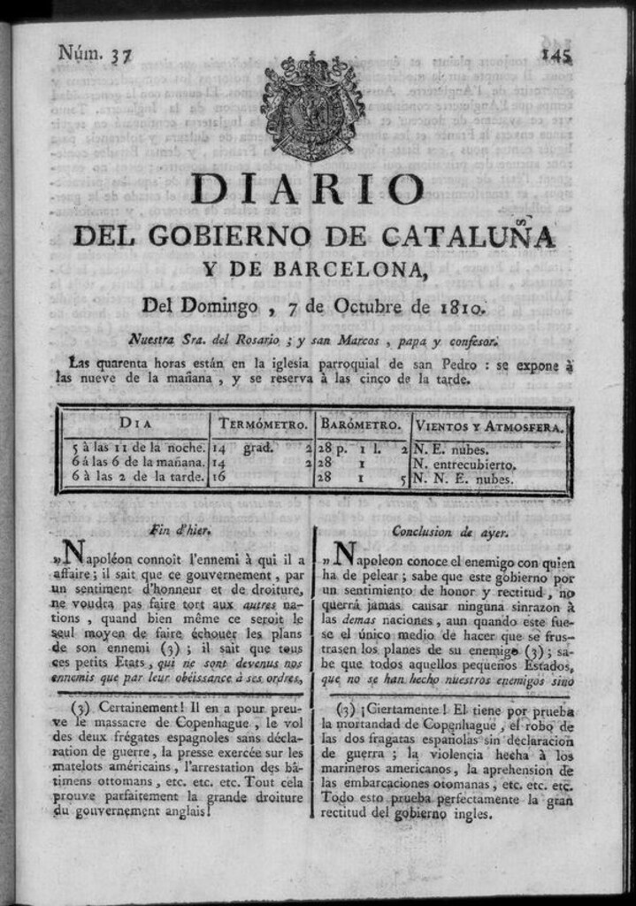 Miniatura de Diario de Barcelona del domingo 7 de octubre de 1810