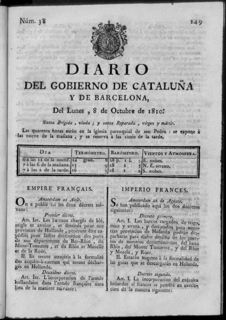 Miniatura de Diario de Barcelona del lunes 8 de octubre de 1810