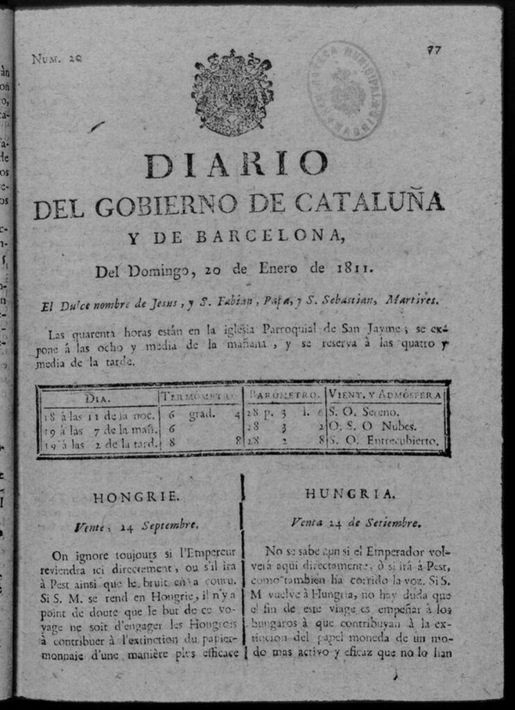 Miniatura de Diario de Barcelona del domingo 20 de enero de 1811