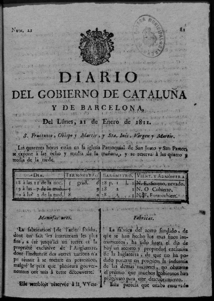 Miniatura de Diario de Barcelona del lunes 21 de enero de 1811