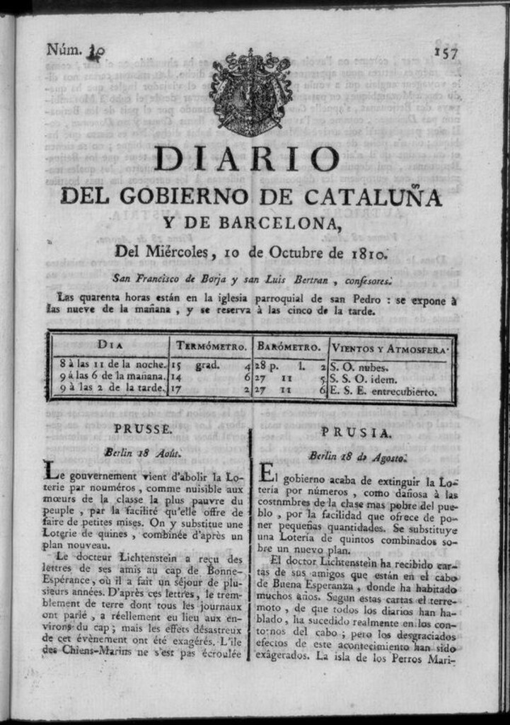 Miniatura de Diario de Barcelona del miércoles 10 de octubre de 1810