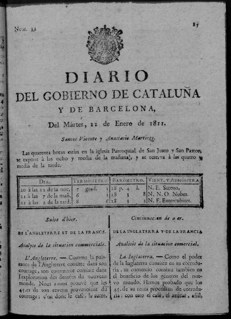 Miniatura de Diario de Barcelona del martes 22 de enero de 1811