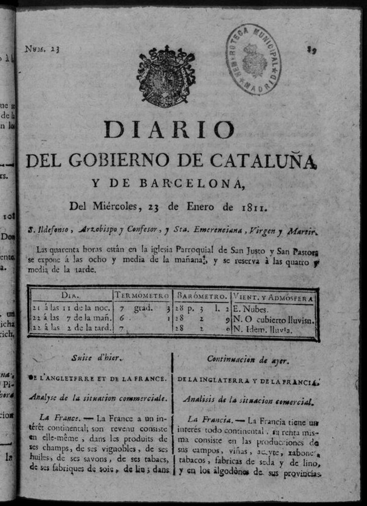 Miniatura de Diario de Barcelona del miércoles 23 de enero de 1811