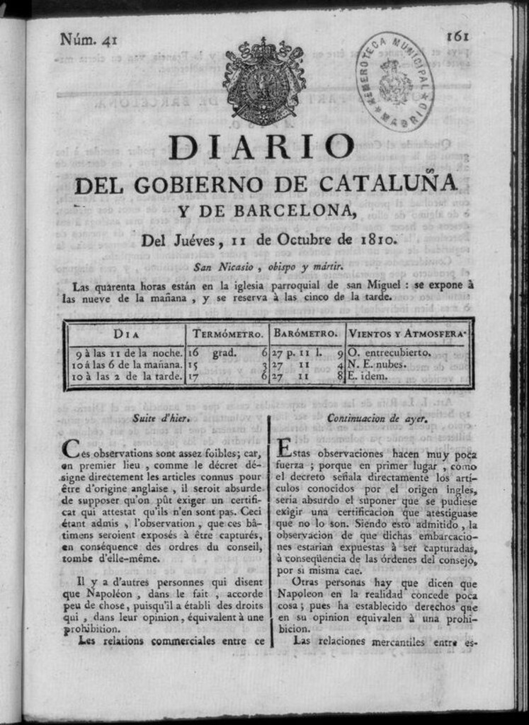 Miniatura de Diario de Barcelona del jueves 11 de octubre de 1810