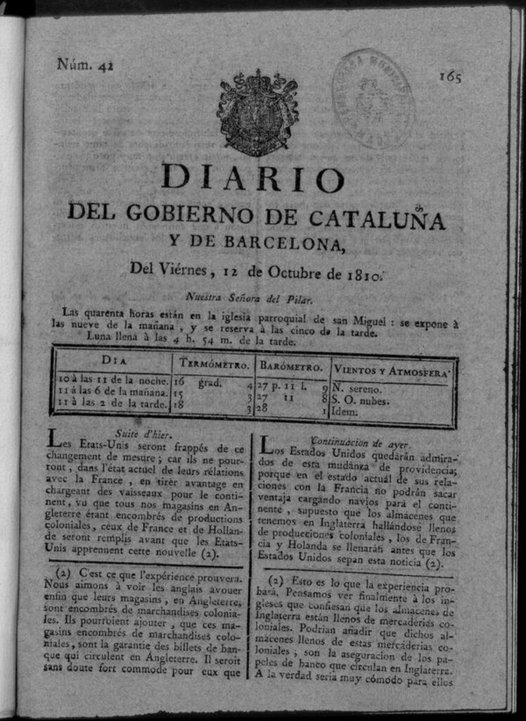 Miniatura de Diario de Barcelona del viernes 12 de octubre de 1810