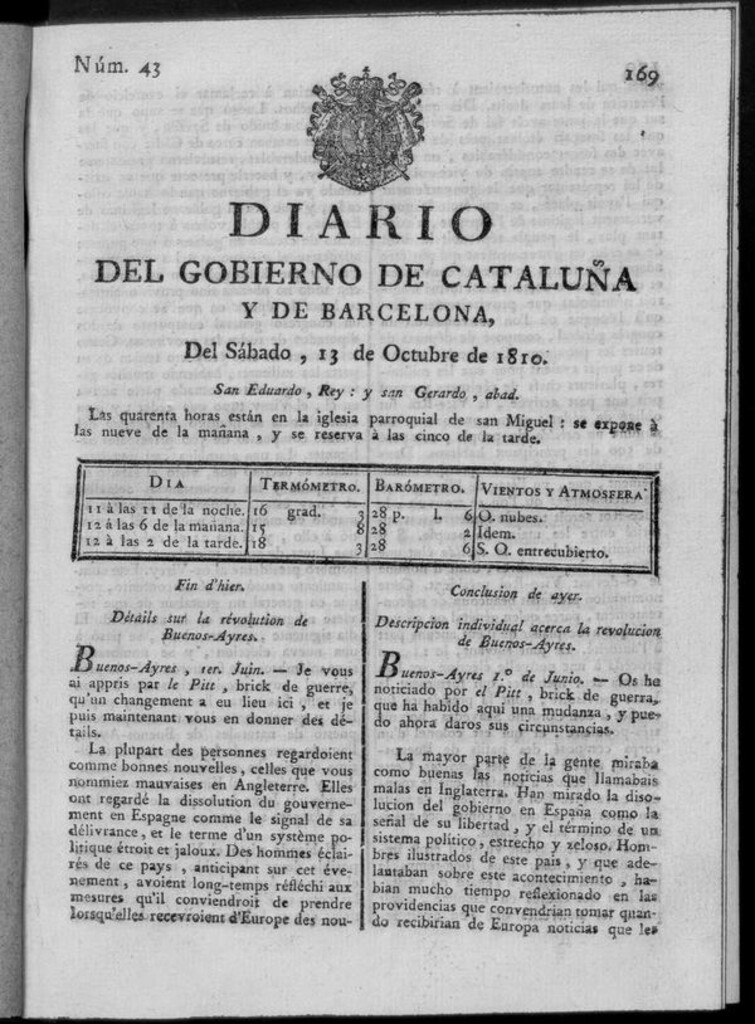 Miniatura de Diario de Barcelona del sábado 13 de octubre de 1810