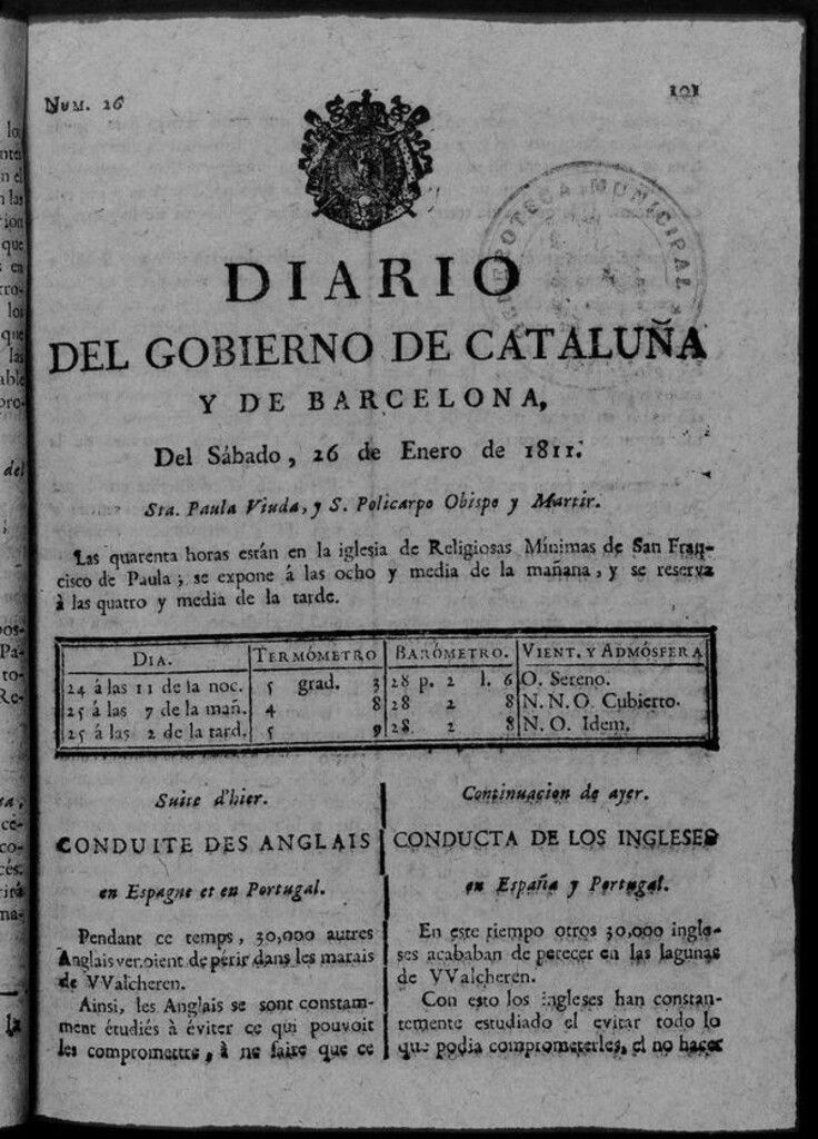 Miniatura de Diario de Barcelona del sábado 26 de enero de 1811