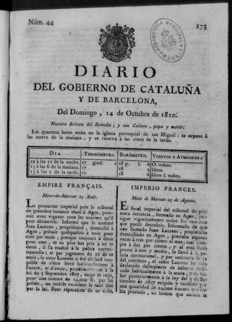 Miniatura de Diario de Barcelona del domingo 14 de octubre de 1810