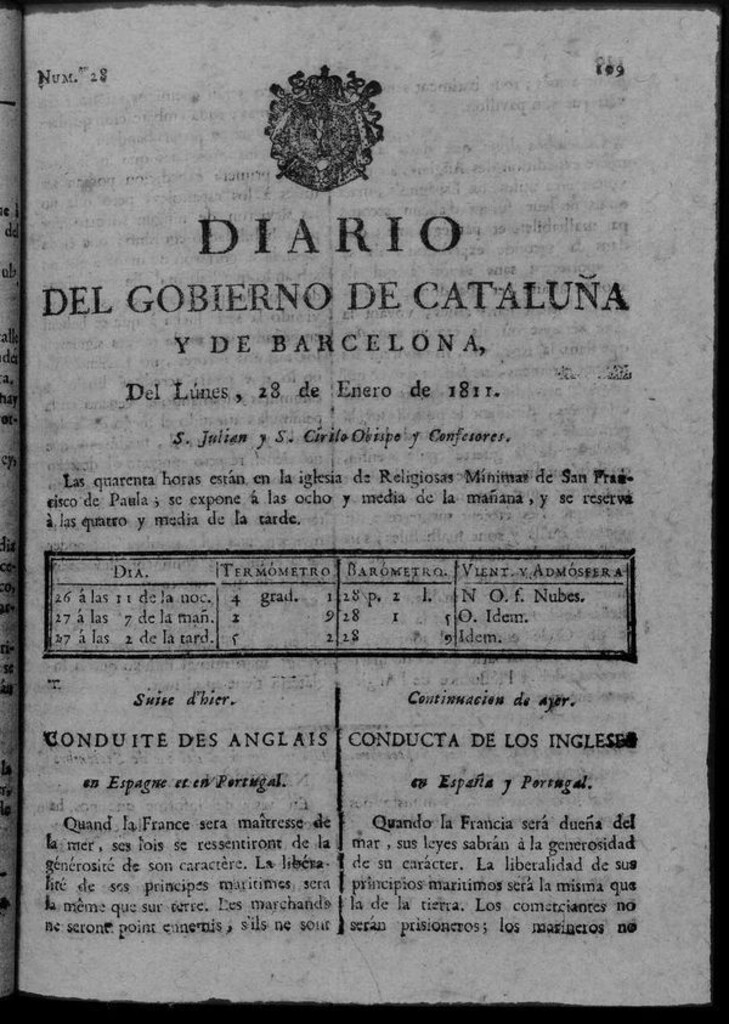 Miniatura de Diario de Barcelona del lunes 28 de enero de 1811