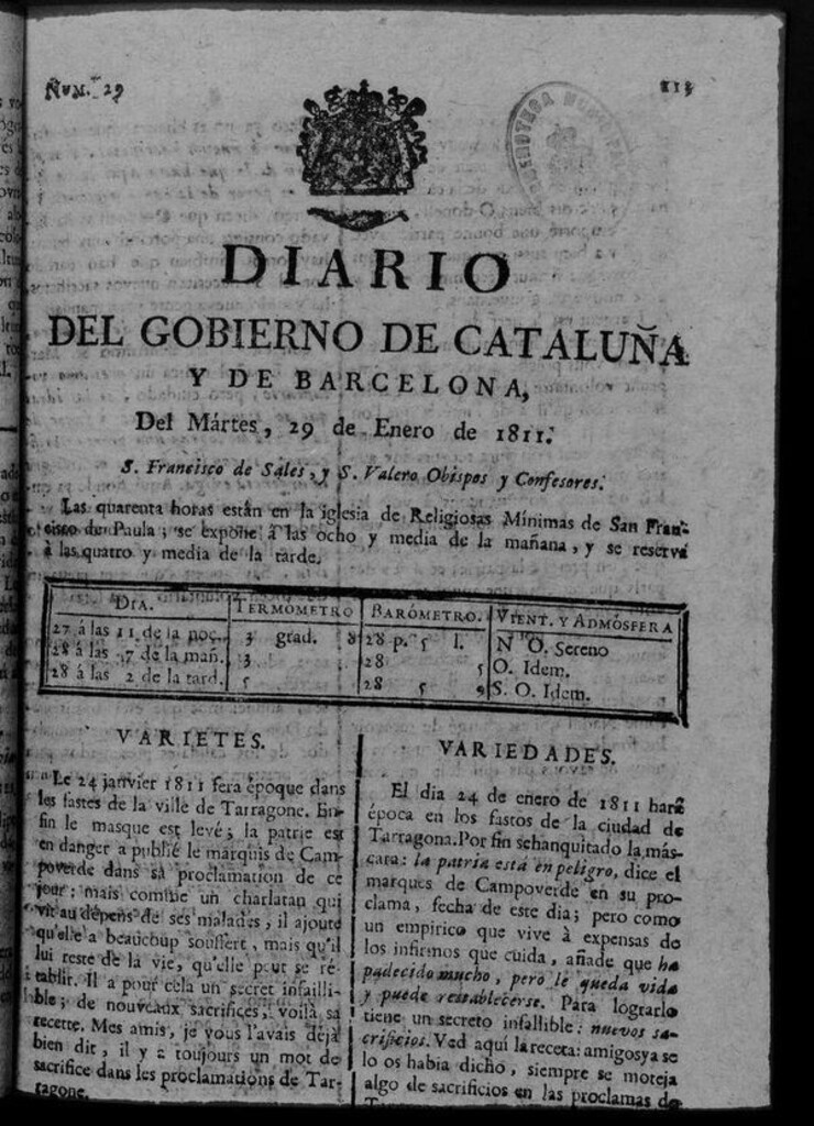 Miniatura de Diario de Barcelona del martes 29 de enero de 1811