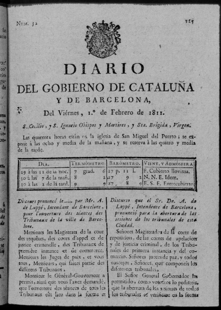 Miniatura de Diario de Barcelona del viernes 1 de febrero de 1811