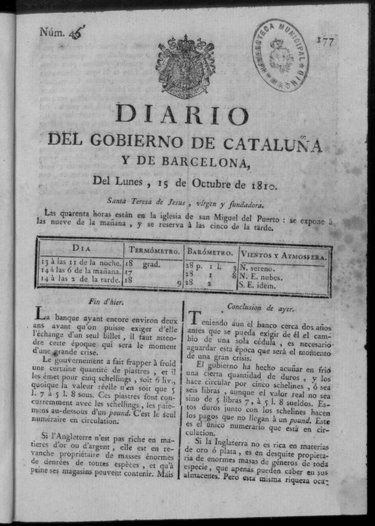 Miniatura de Diario de Barcelona del lunes 15 de octubre de 1810
