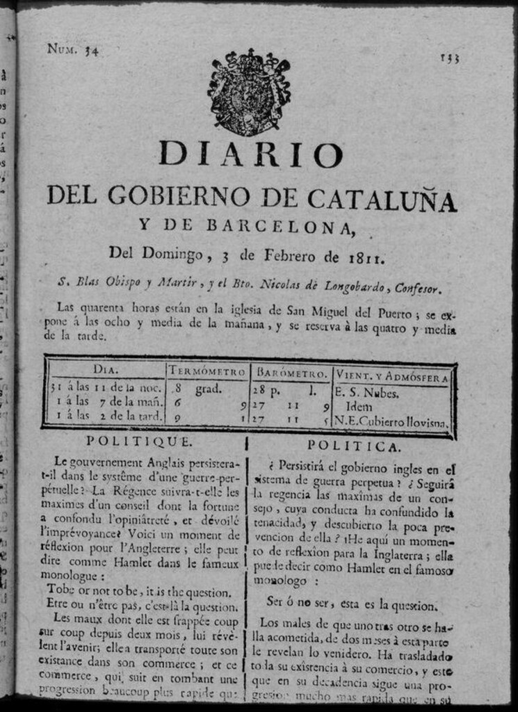 Miniatura de Diario de Barcelona del domingo 3 de febrero de 1811
