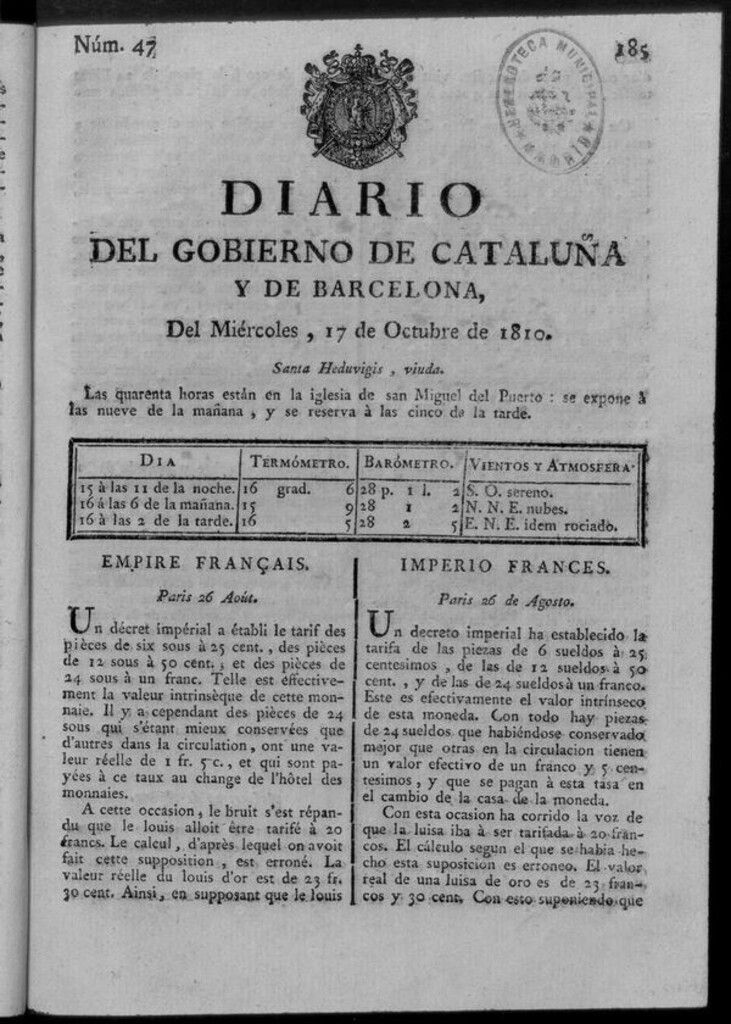 Miniatura de Diario de Barcelona del miércoles 17 de octubre de 1810