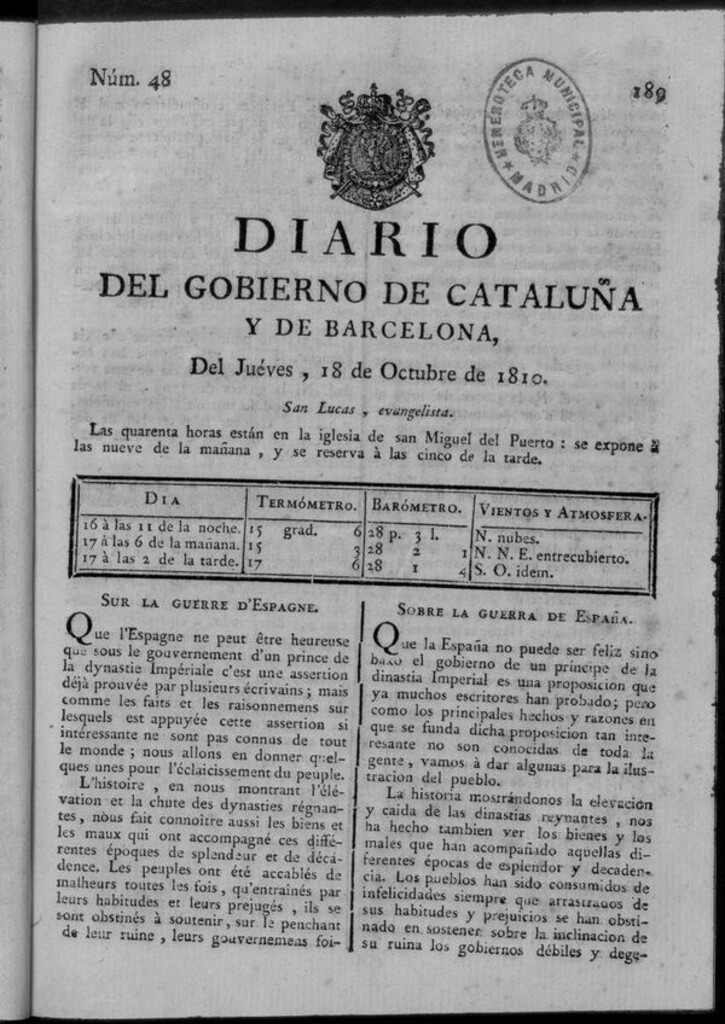 Miniatura de Diario de Barcelona del jueves 18 de octubre de 1810