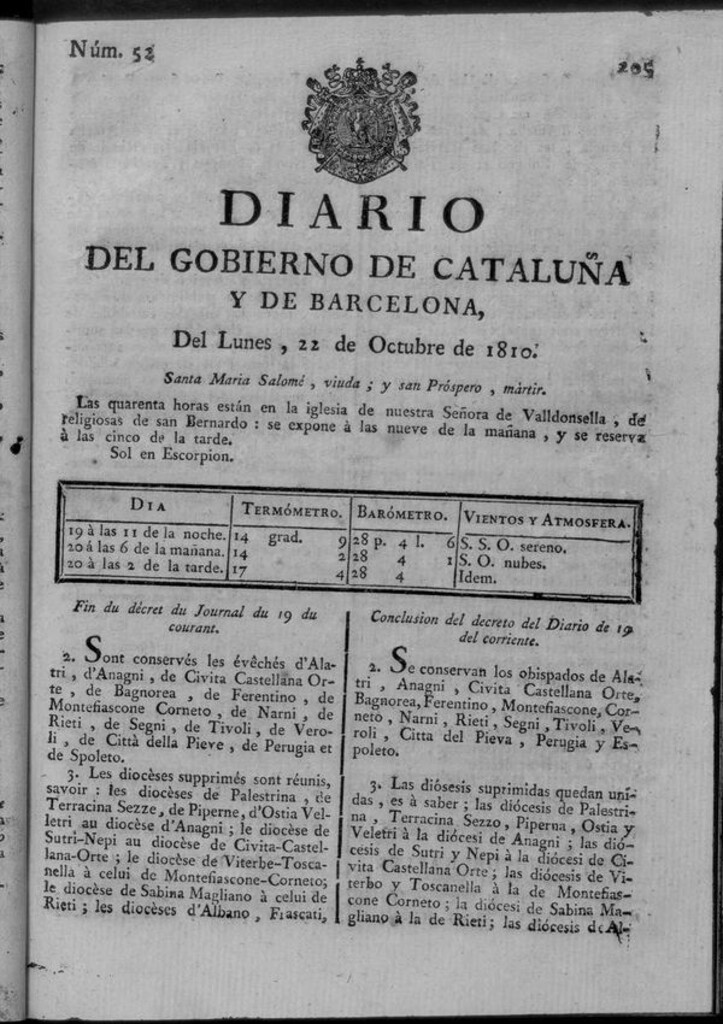 Miniatura de Diario de Barcelona del lunes 22 octubre de 1810