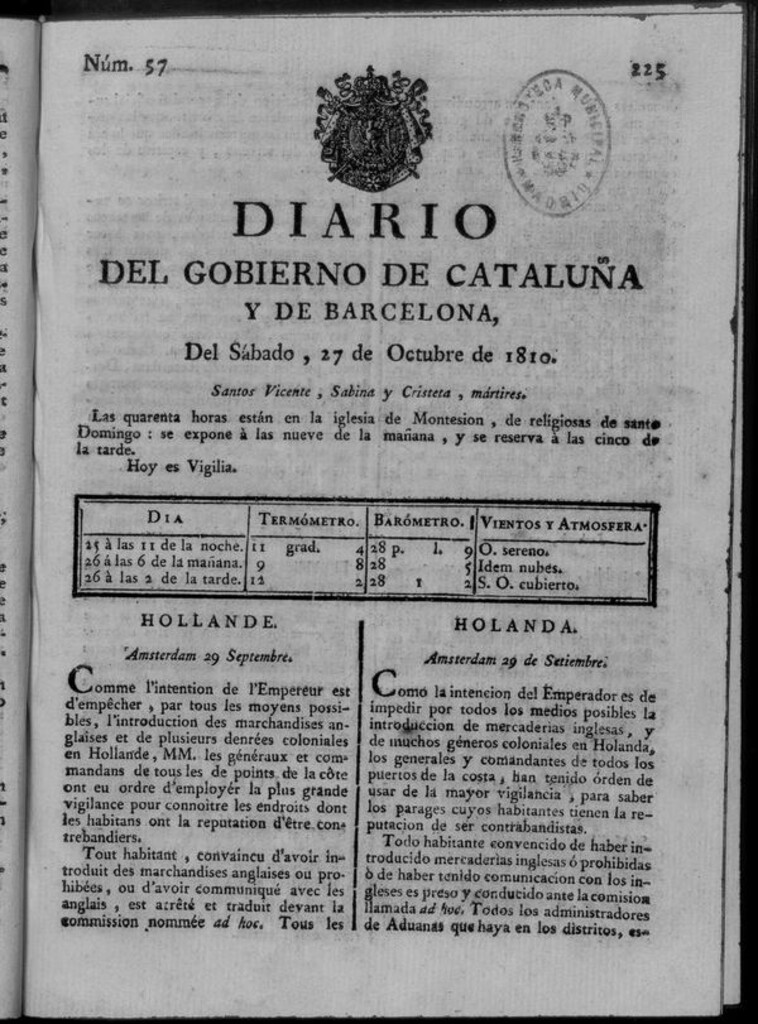 Miniatura de Diario de Barcelona del sábado 27 octubre de 1810