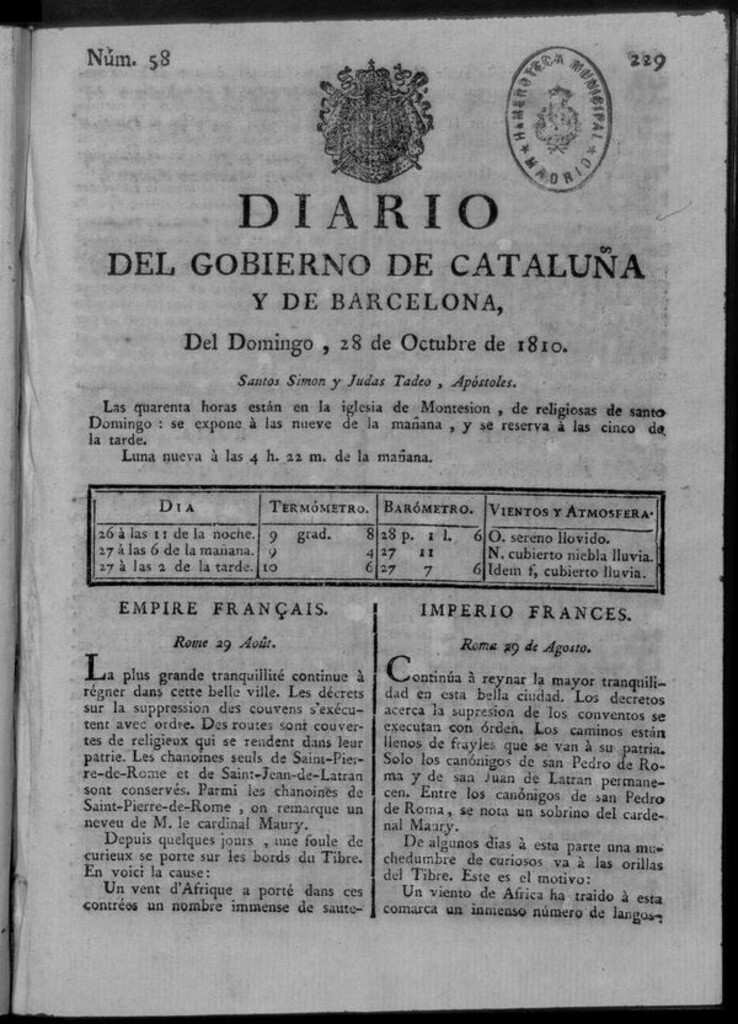 Miniatura de Diario de Barcelona del domingo 28 octubre de 1810