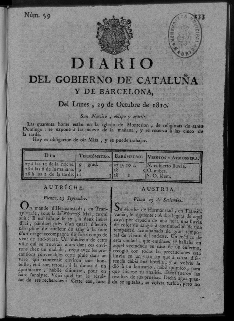 Miniatura de Diario de Barcelona del lunes 29 octubre de 1810