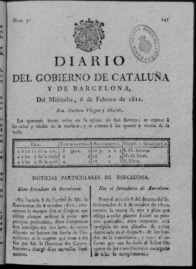 Miniatura de Diario de Barcelona del miércoles 6 de febrero de 1811