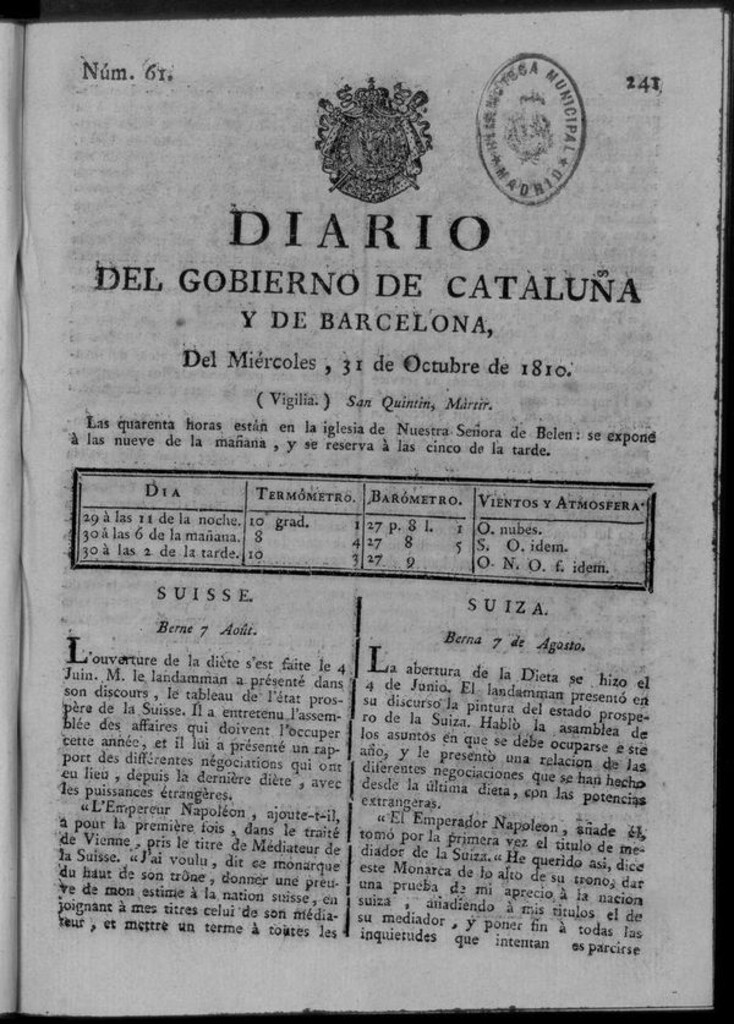 Miniatura de Diario de Barcelona del miércoles 31 octubre de 1810