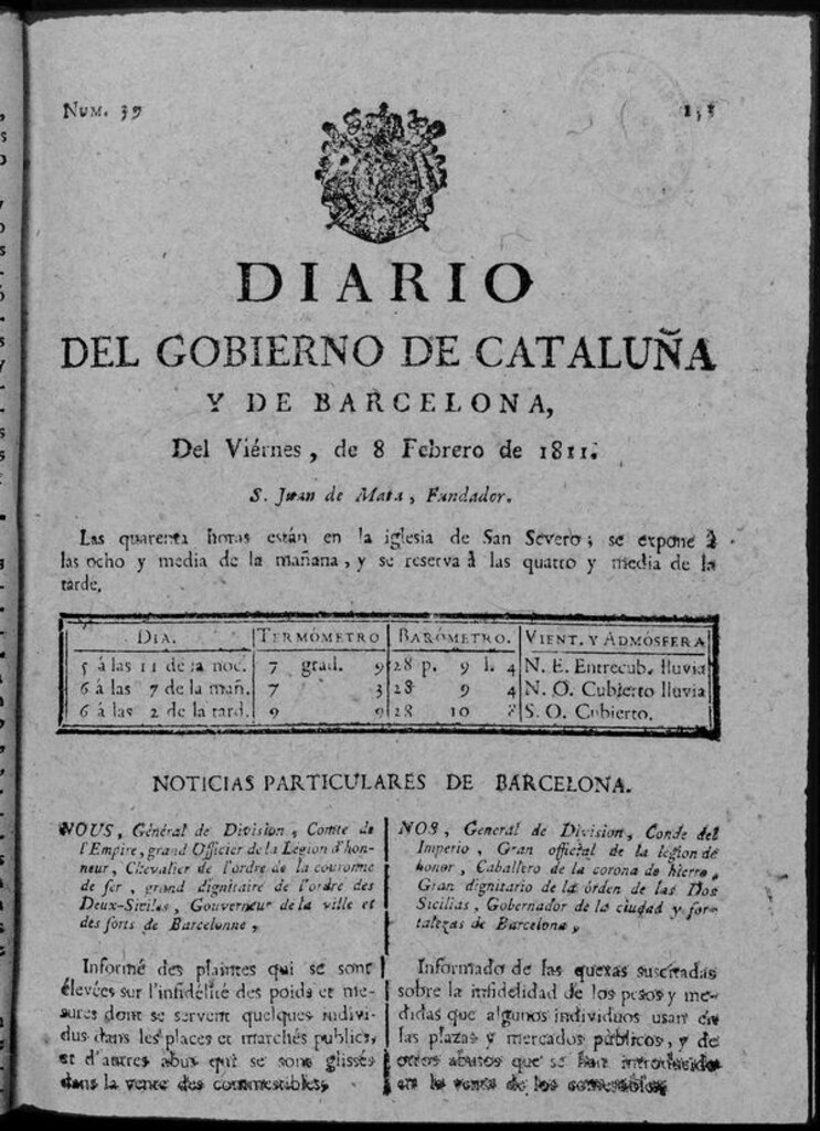 Miniatura de Diario de Barcelona del viernes 8 de febrero de 1811