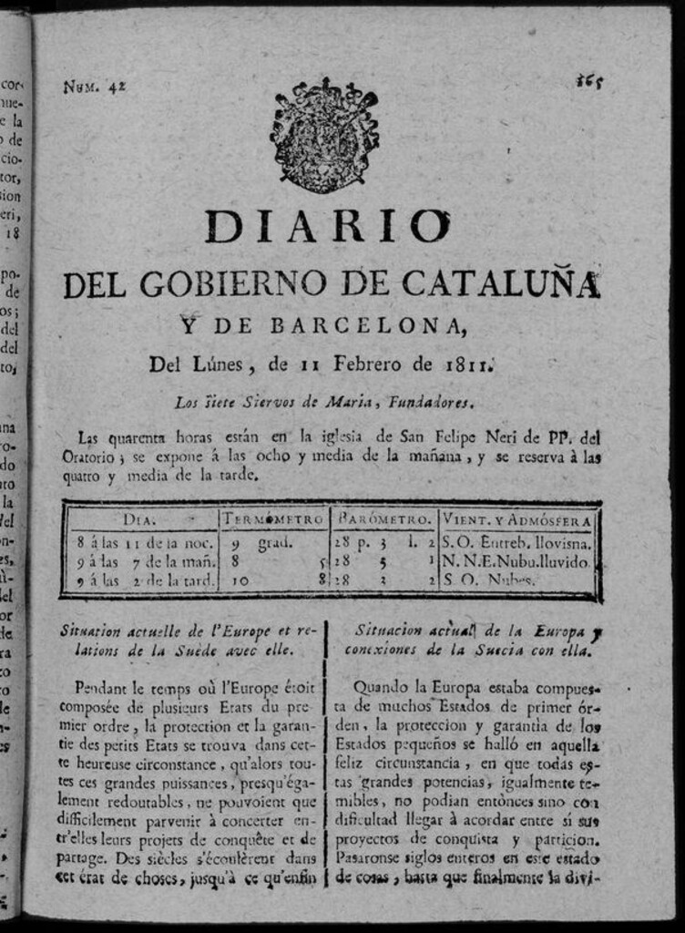 Miniatura de Diario de Barcelona del lunes 11 de febrero de 1811