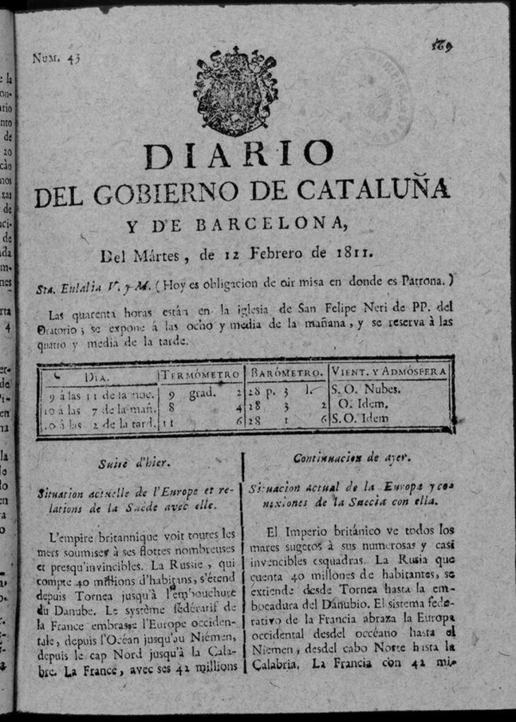 Miniatura de Diario de Barcelona del martes 12 de febrero de 1811