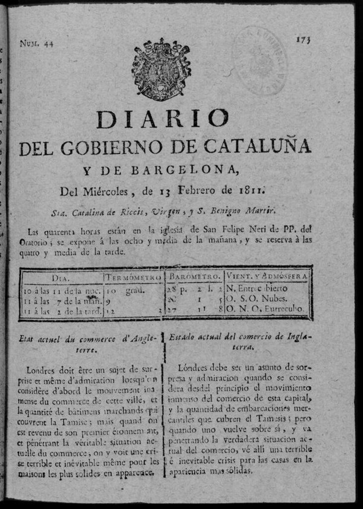 Miniatura de Diario de Barcelona del miércoles 13 de febrero de 1811