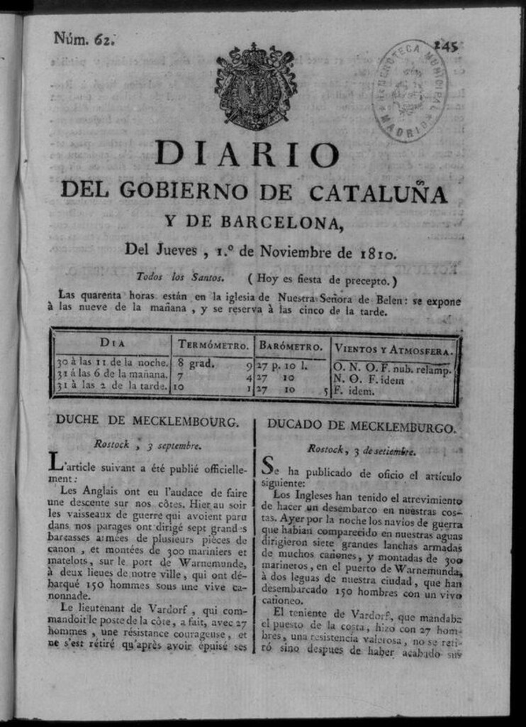 Miniatura de Diario de Barcelona del jueves 1 de noviembre de 1810