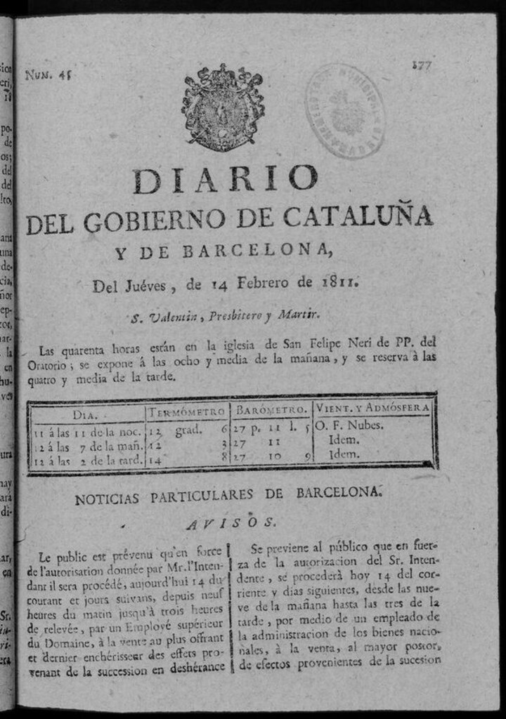 Miniatura de Diario de Barcelona del jueves 14 de febrero de 1811