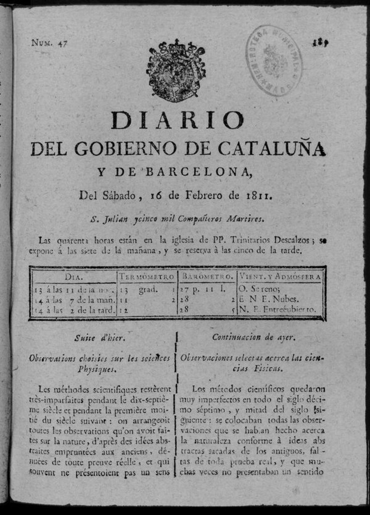 Miniatura de Diario de Barcelona del sábado 16 de febrero de 1811