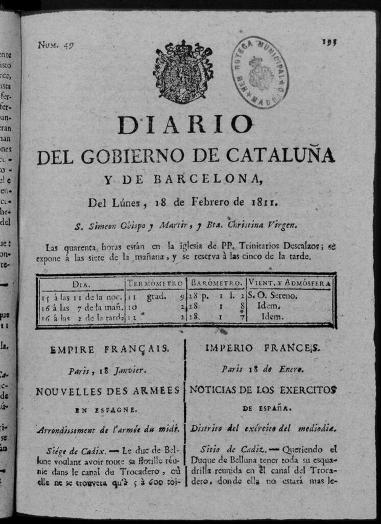 Miniatura de Diario de Barcelona del lunes 18 de febrero de 1811