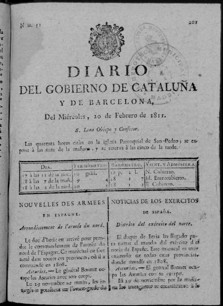 Miniatura de Diario de Barcelona del miércoles 20 de febrero de 1811