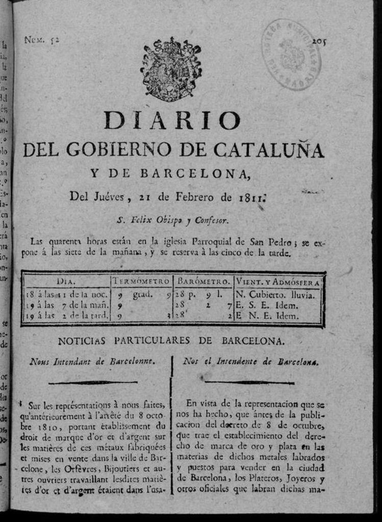 Miniatura de Diario de Barcelona del jueves 21 de febrero de 1811
