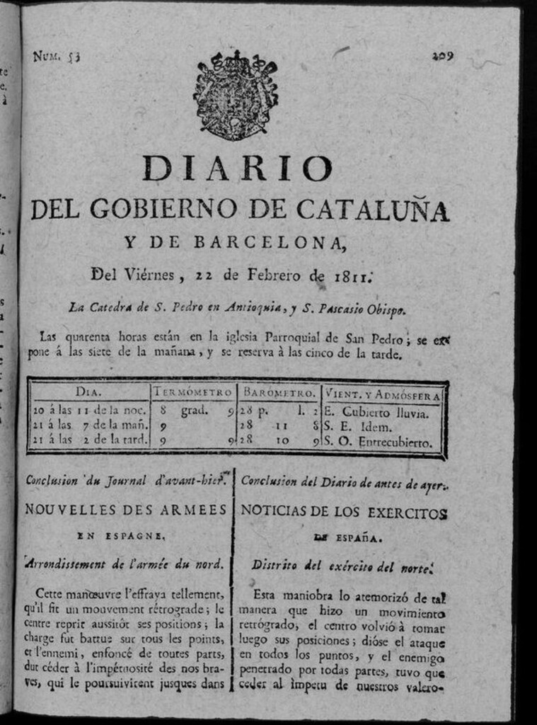 Miniatura de Diario de Barcelona del viernes 22 de febrero de 1811