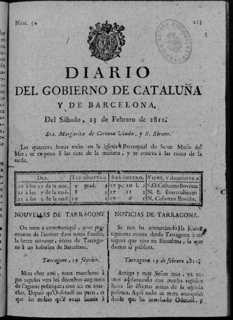 Miniatura de Diario de Barcelona del sábado 23 de febrero de 1811