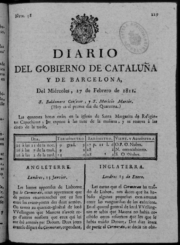 Miniatura de Diario de Barcelona del miércoles 27 de febrero de 1811