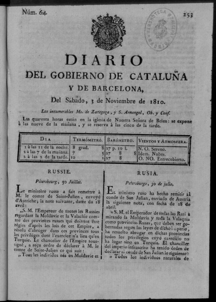 Miniatura de Diario de Barcelona del sábado 3 de noviembre de 1810