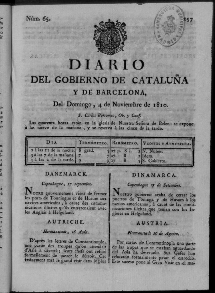 Miniatura de Diario de Barcelona del domingo 4 de noviembre de 1810