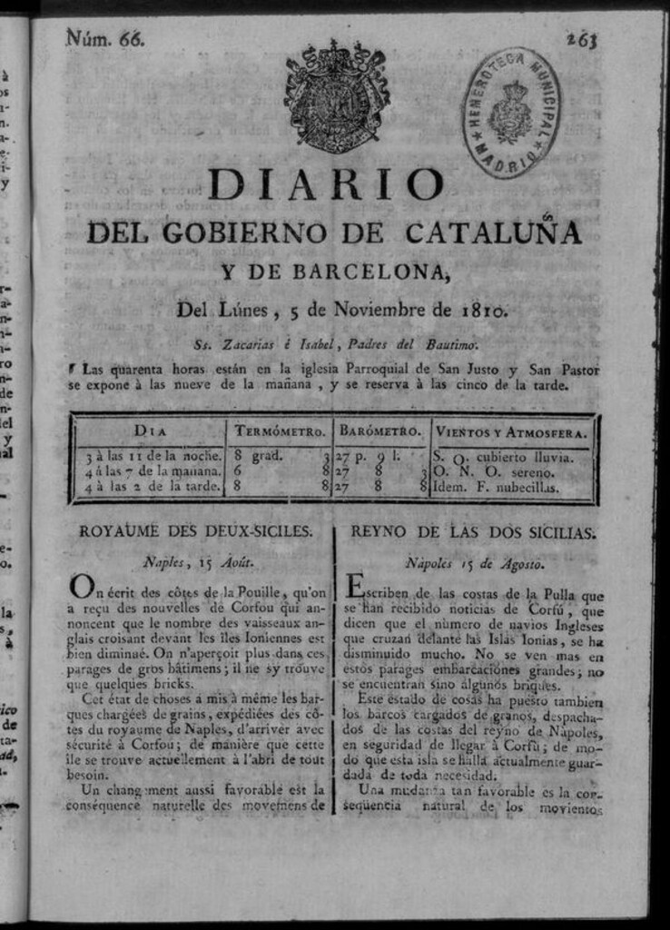 Miniatura de Diario de Barcelona del lunes 5 de noviembre de 1810