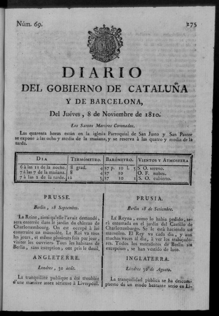 Miniatura de Diario de Barcelona del jueves 8 de noviembre de 1810