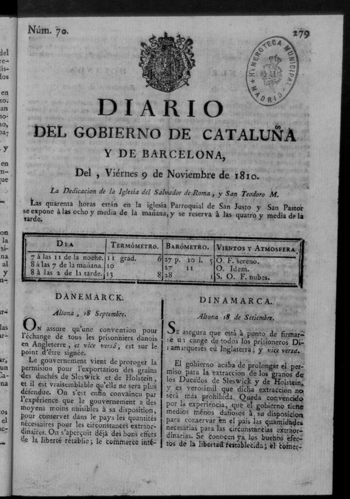 Miniatura de Diario de Barcelona del viernes 9 de noviembre de 1810